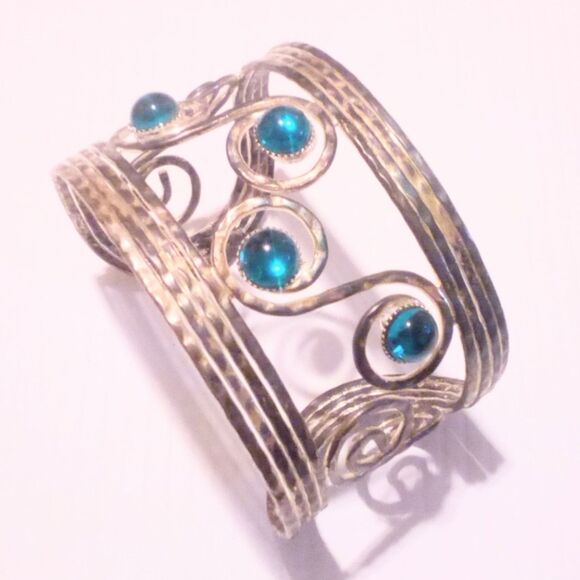 Silver Tone and Blue Glass Cabochon Boho Inspired Cuff Bracelet - Picture 2 of 4